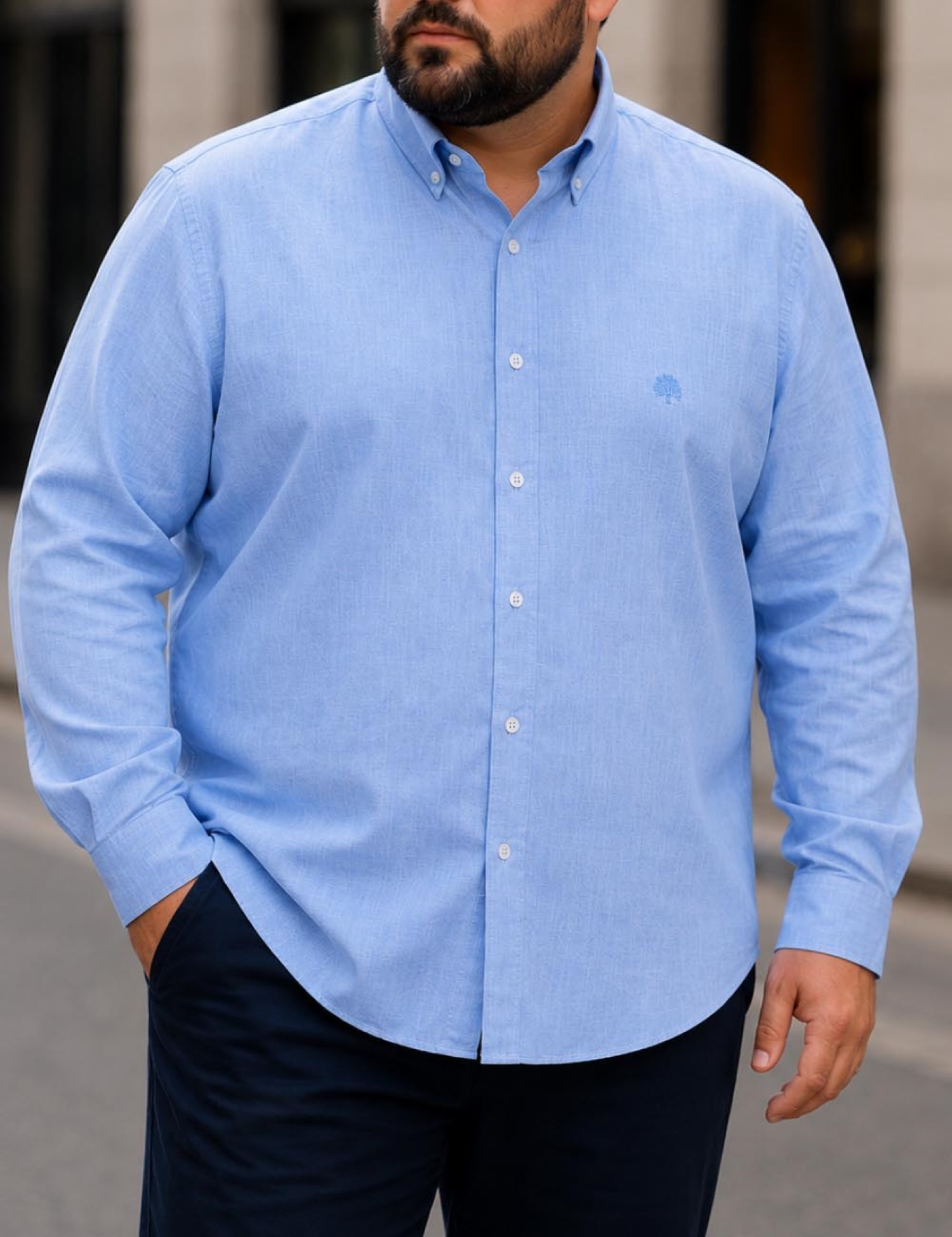 CASTELLI Ανδρικό σιέλ λινό πουκάμισο με γιακά Plus Size CA2528S